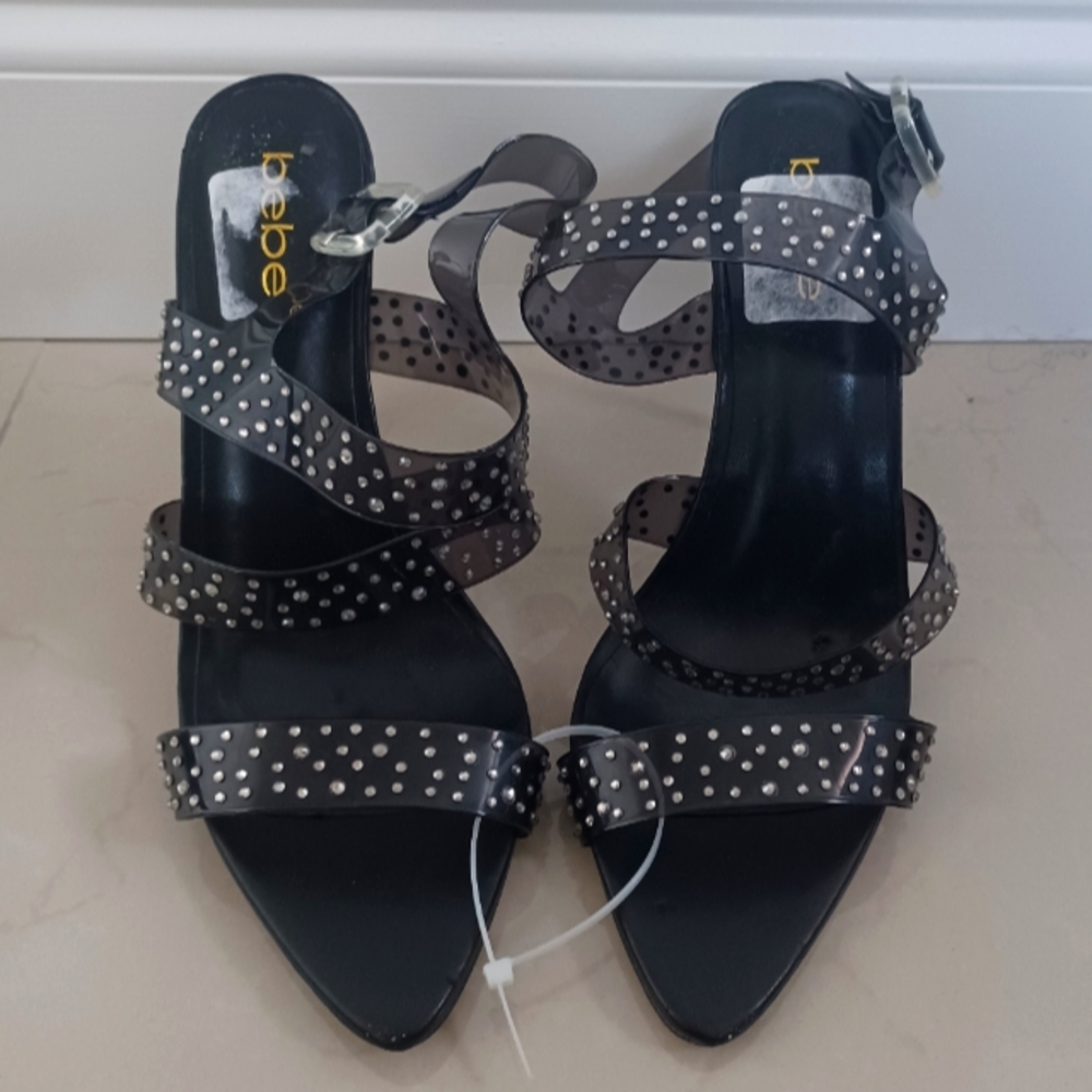 bebe strappy bedazzled heeled sandals | black heels
